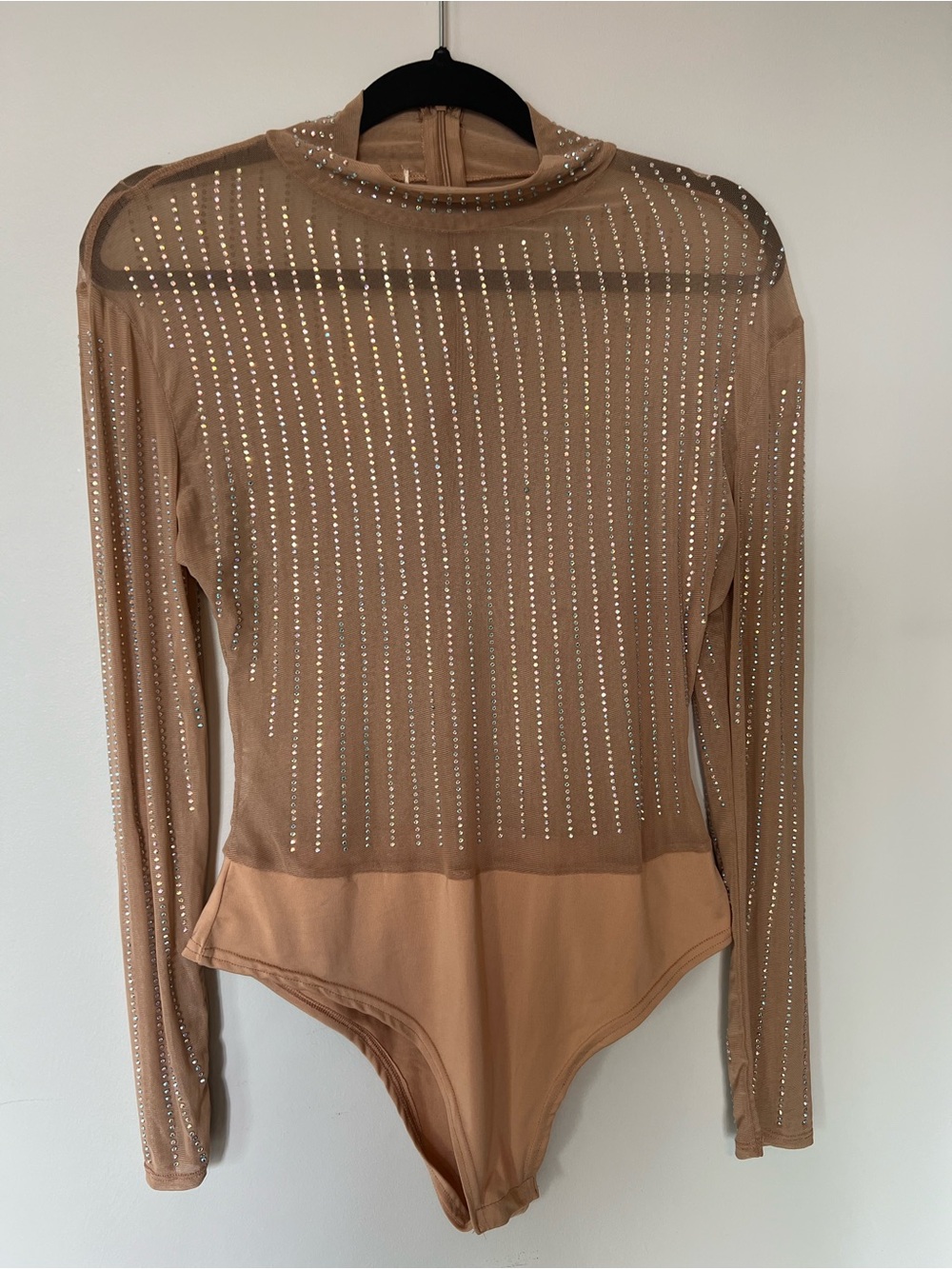Women’s Nude Long-Sleeve Rhinestone Bodysuit